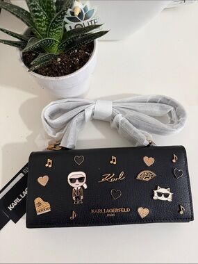 Karl Lagerfeld Black Wallet with Gold-Tone Charms and Strap